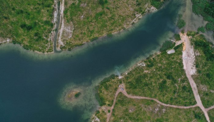 Bird's-eye view. Aerial view of lake