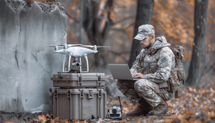 Soldier in camo operates a drone using a laptop in the forest.